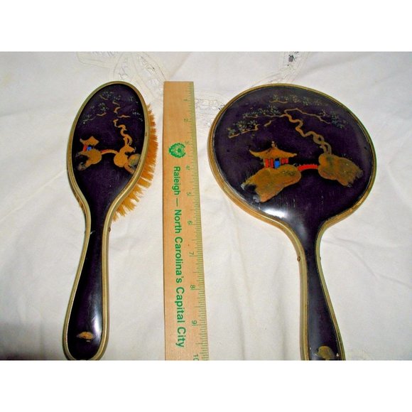 Antique Chinese Bakelite Black and Gold Large Hand Painted Mirror and Brush Set - Picture 7 of 12